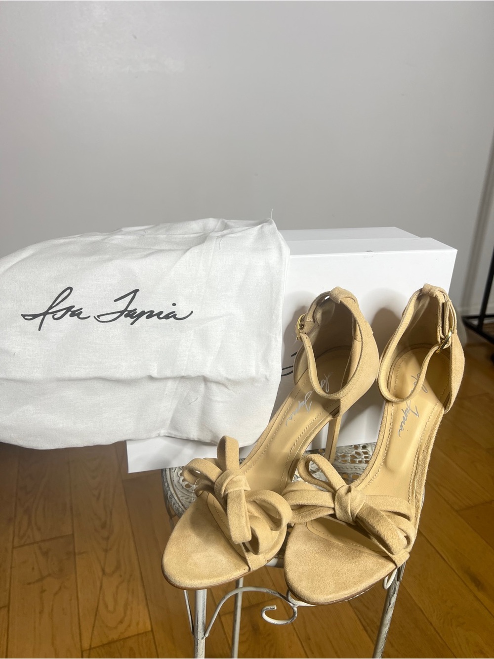 Isa Tapia Sofia Knot Ankle-Strap Heels in Beige Suede
